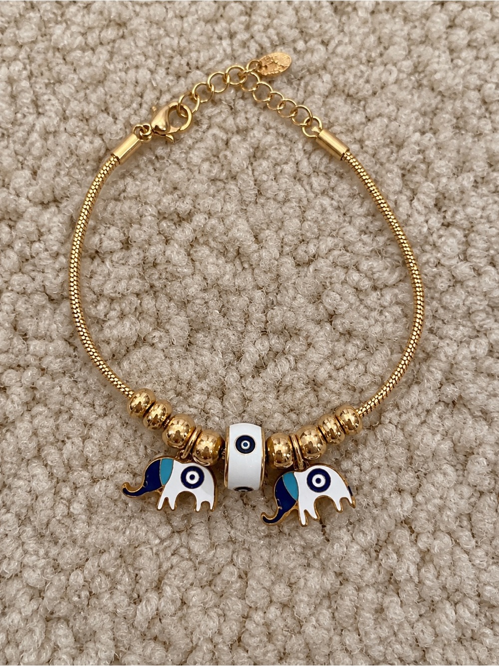 Stainless Steel Elephant Evil Eye Charm Bracelet – Adjustable 6.5”–8”